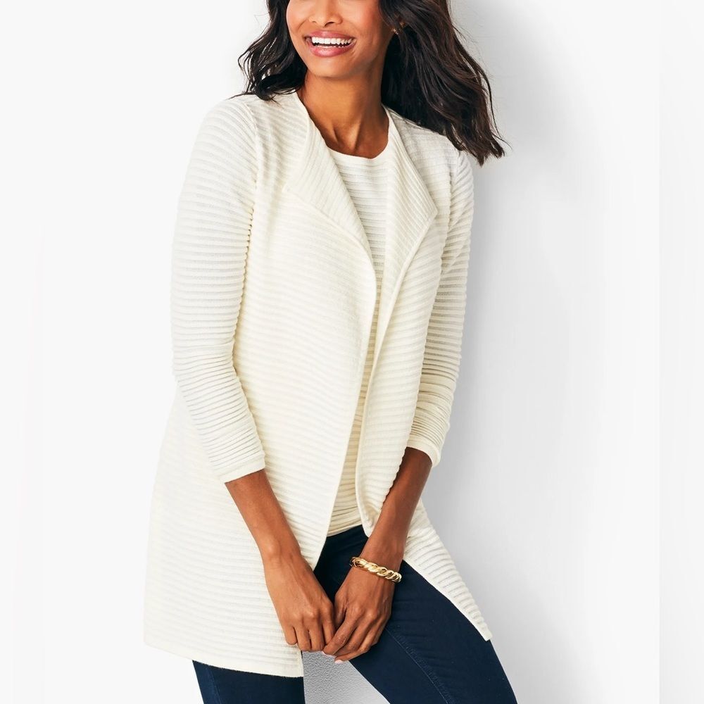 Talbots Women’s Ottoman Cream Ribbed Open Cardigan Size Large NWOT career fall